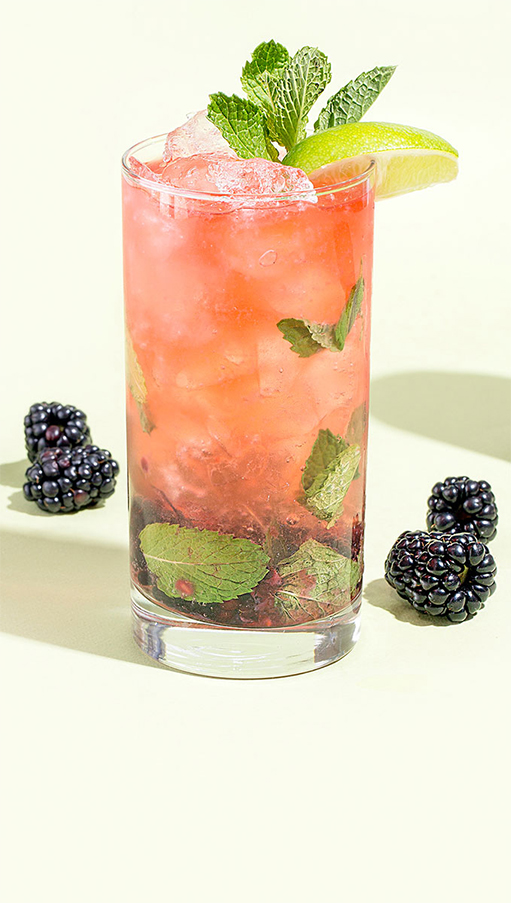 Blackberry Mojito Cocktail and can of Quaker City Shrubs